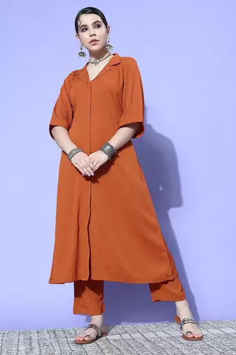 Rust Shirt Collar Elbow Sleeves A-Line Kurta with Trousers
