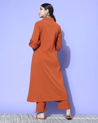 Rust Shirt Collar Elbow Sleeves A-Line Kurta with Trousers 4