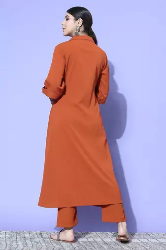 Rust Shirt Collar Elbow Sleeves A-Line Kurta with Trousers