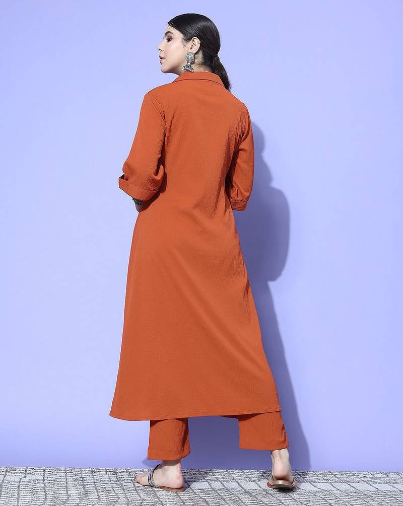 Rust Shirt Collar Elbow Sleeves A-Line Kurta with Trousers