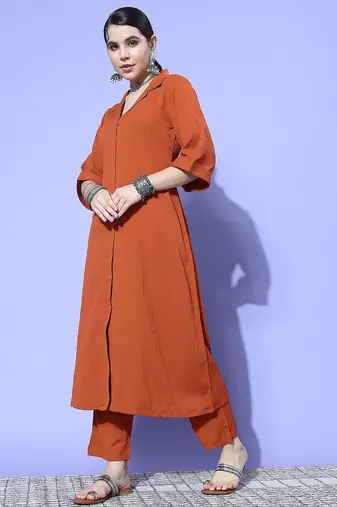 Rust Shirt Collar Elbow Sleeves A-Line Kurta with Trousers