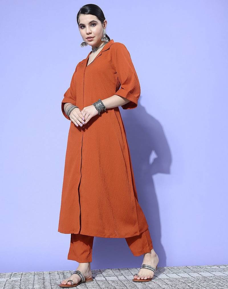 Rust Shirt Collar Elbow Sleeves A-Line Kurta with Trousers