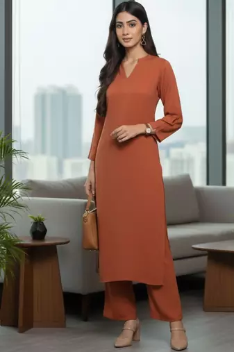 Women Regular Silk Crepe Kurta with Trousers