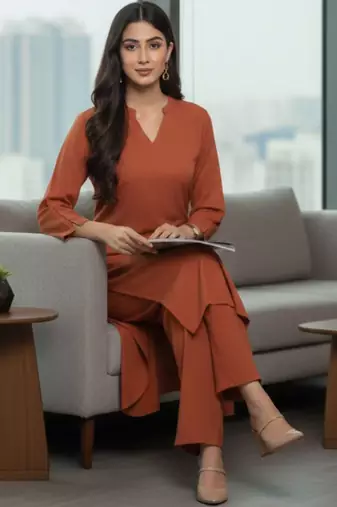 Women Regular Silk Crepe Kurta with Trousers
