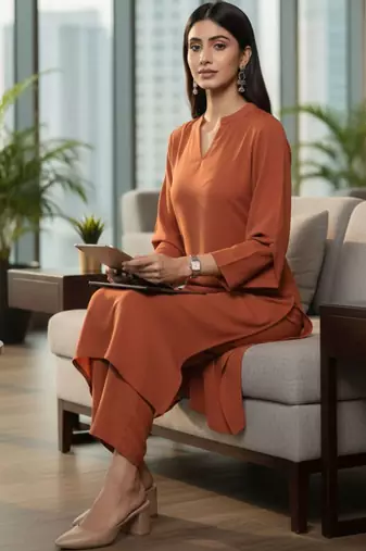 Women Regular Silk Crepe Kurta with Trousers