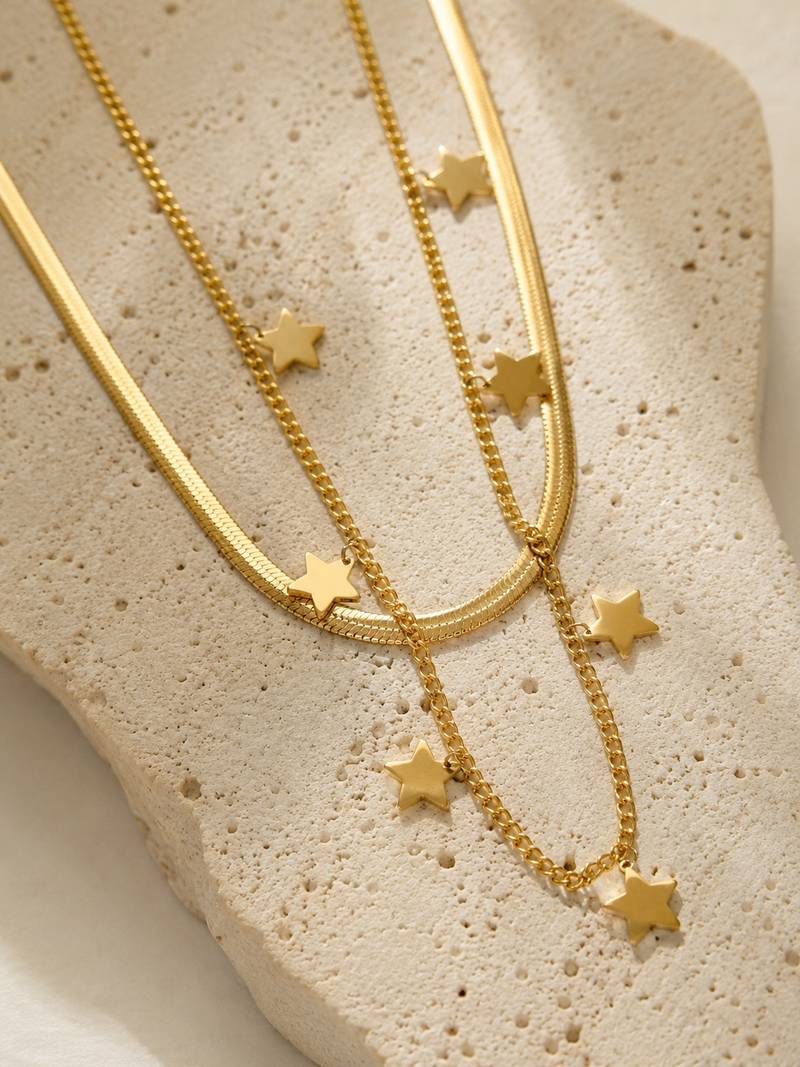 18k gold plated layered star charm necklace