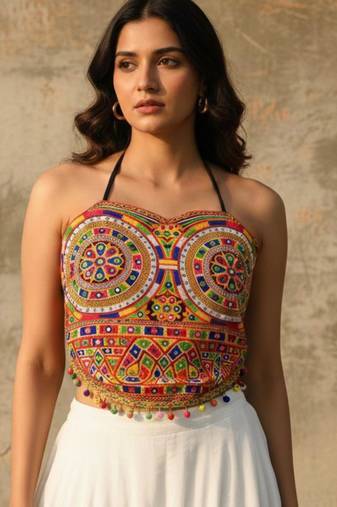 Multicolor rayon square neck embroidered blouse | navratri garba & dandiya outfit