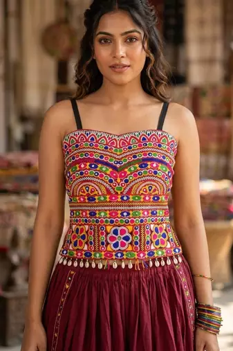 Multicolor rayon square neck embroidered blouse | navratri garba & dandiya outfit
