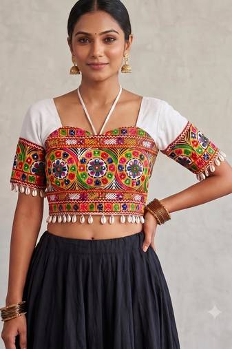 White rayon sweetheart neck embroidered blouse | navratri garba & dandiya outfit padded