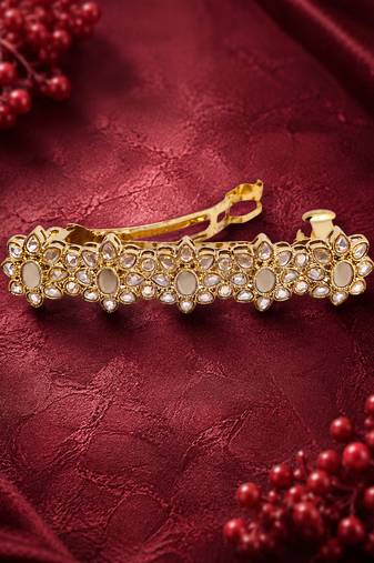 Brilliant flower design brown kundan antique gold plated hair clip for women and girls