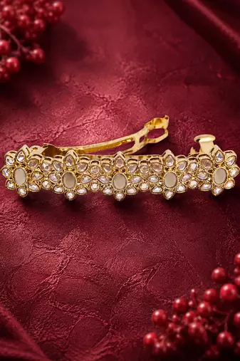 Brilliant flower design brown kundan antique gold plated hair clip for women and girls