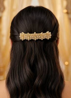 Brilliant flower design brown kundan antique gold plated hair clip for women and girls 2