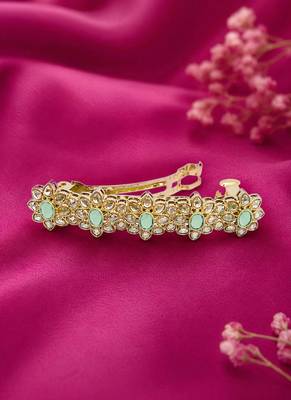 Charming flower design mint kundan antique gold plated hair clip for women and girls 1