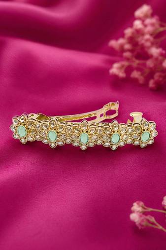 Charming flower design mint kundan antique gold plated hair clip for women and girls