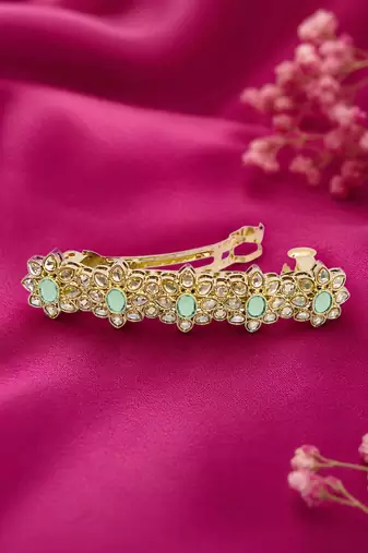 Charming flower design mint kundan antique gold plated hair clip for women and girls