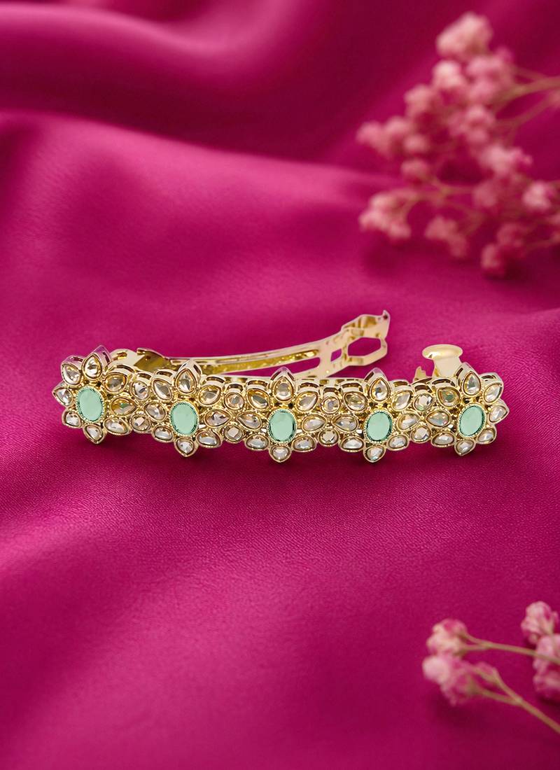 Charming flower design mint kundan antique gold plated hair clip for women and girls