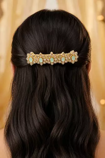 Charming flower design mint kundan antique gold plated hair clip for women and girls