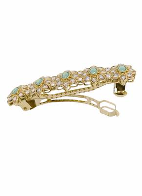 Charming flower design mint kundan antique gold plated hair clip for women and girls 3