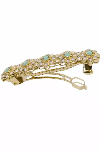 Charming flower design mint kundan antique gold plated hair clip for women and girls