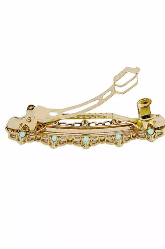 Charming flower design mint kundan antique gold plated hair clip for women and girls