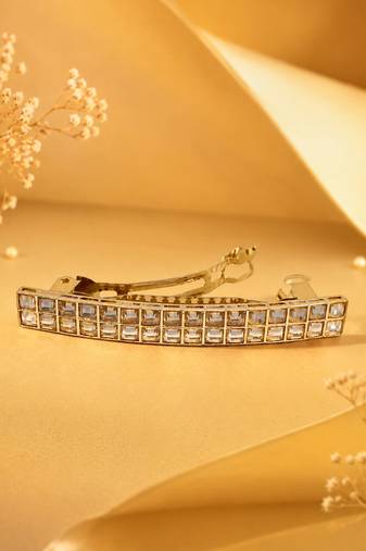 Glamorous square shape brown kundan antique gold plated hair clip for women and girls