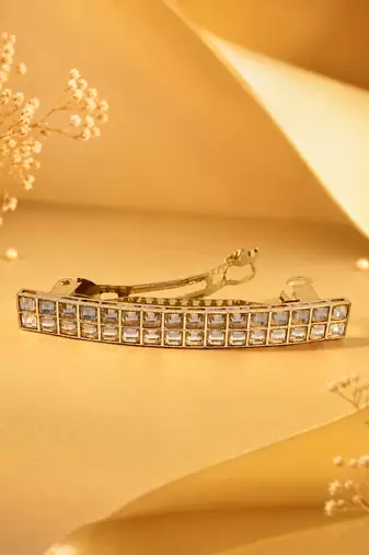 Glamorous square shape brown kundan antique gold plated hair clip for women and girls