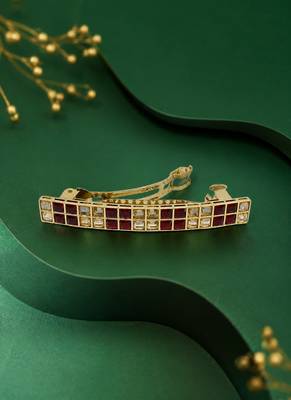 Glimmery square shape red kundan antique gold plated hair clip for women and girls 1