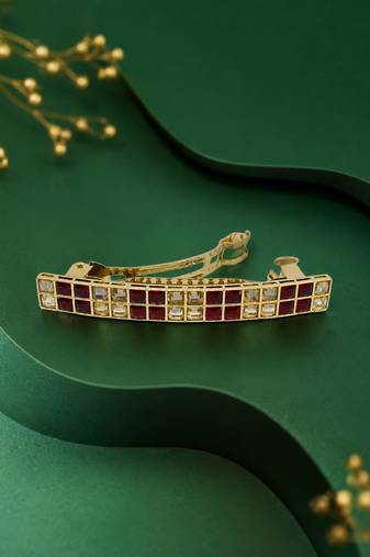 Glimmery square shape red kundan antique gold plated hair clip for women and girls