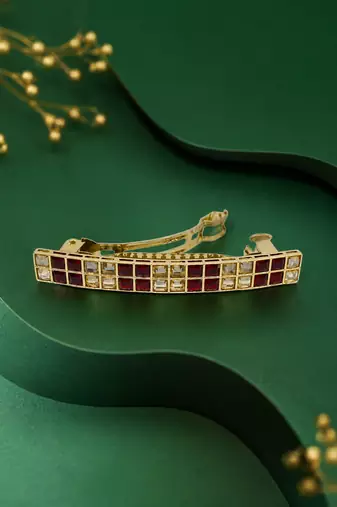 Glimmery square shape red kundan antique gold plated hair clip for women and girls