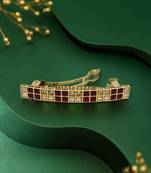 Glimmery square shape red kundan antique gold plated hair clip for women and girls