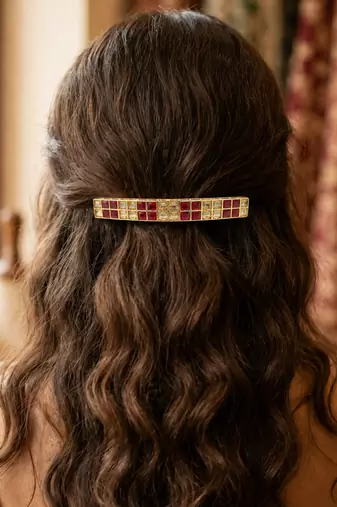Glimmery square shape red kundan antique gold plated hair clip for women and girls
