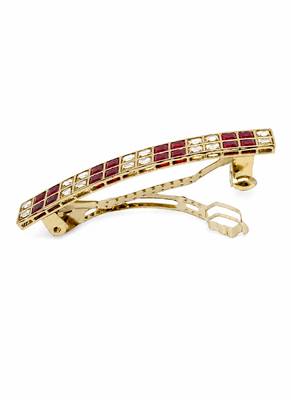 Glimmery square shape red kundan antique gold plated hair clip for women and girls 3