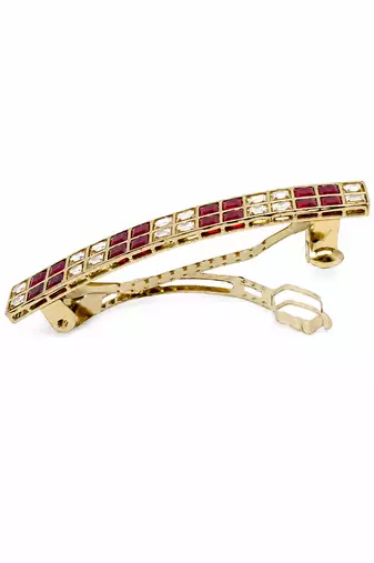 Glimmery square shape red kundan antique gold plated hair clip for women and girls