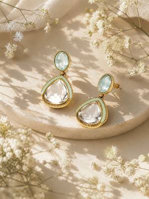 gold plated pachi kundan green enamel dangler earrings 1