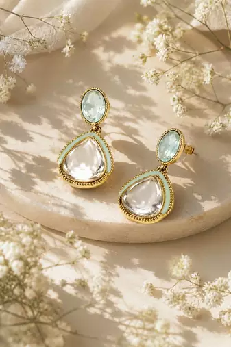 gold plated pachi kundan green enamel dangler earrings