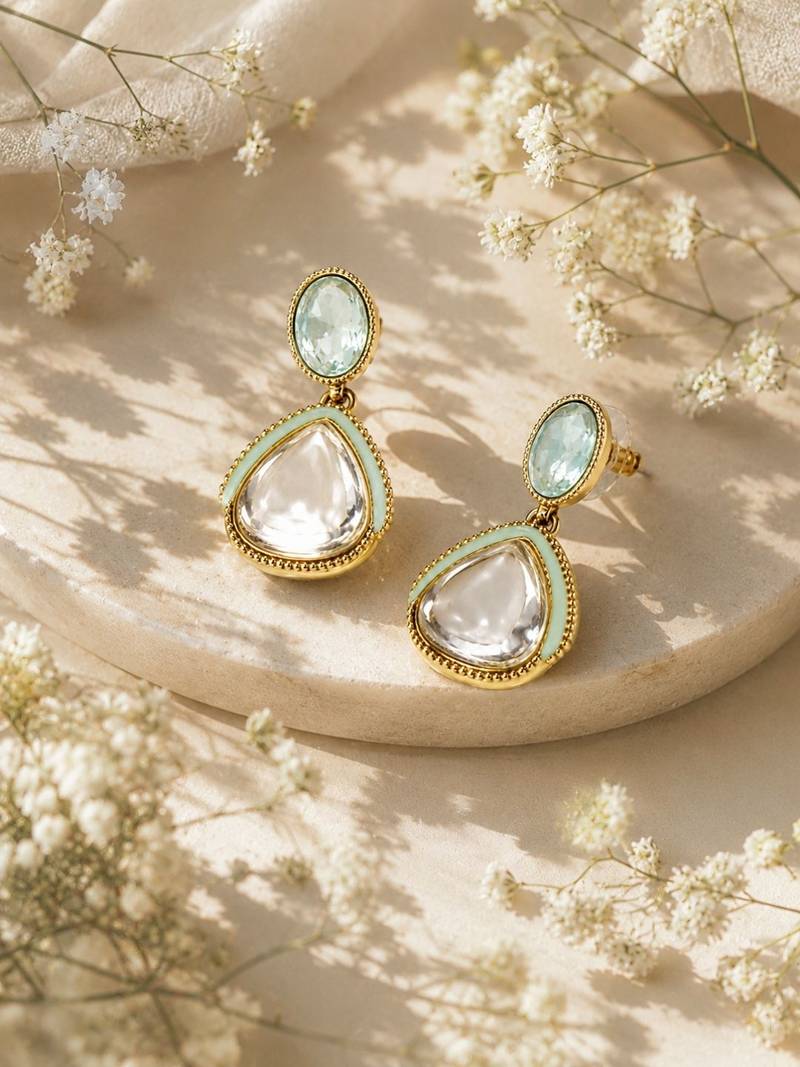 gold plated pachi kundan green enamel dangler earrings