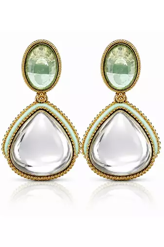 gold plated pachi kundan green enamel dangler earrings