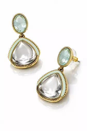 gold plated pachi kundan green enamel dangler earrings