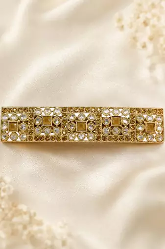 Glorious round and square shape brown kundan antique gold plated hair clip for women and girls