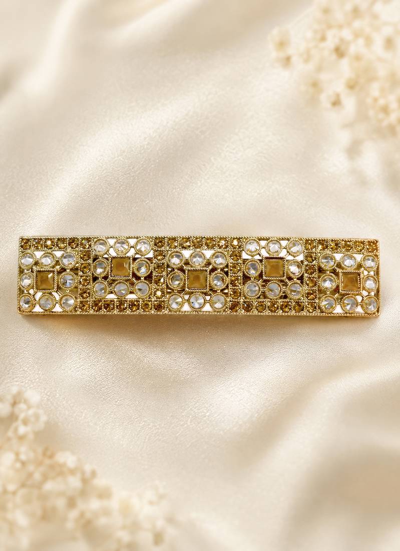 Glorious round and square shape brown kundan antique gold plated hair clip for women and girls