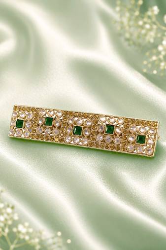 Good-looking round and square shape green kundan antique gold plated hair clip for women and girls