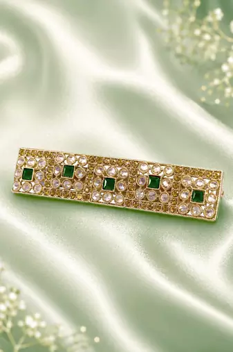 Good-looking round and square shape green kundan antique gold plated hair clip for women and girls