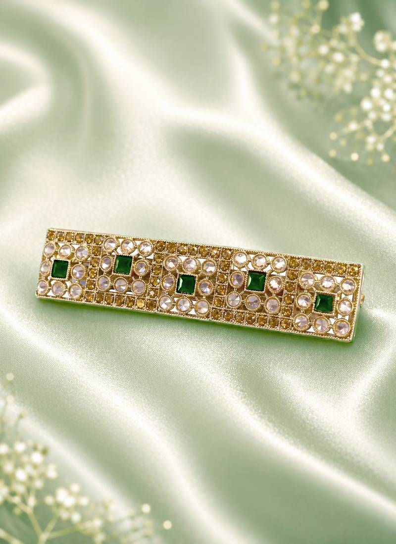 Good-looking round and square shape green kundan antique gold plated hair clip for women and girls