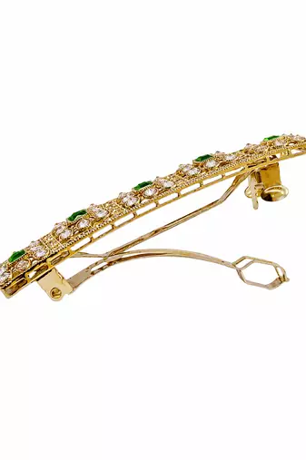 Good-looking round and square shape green kundan antique gold plated hair clip for women and girls