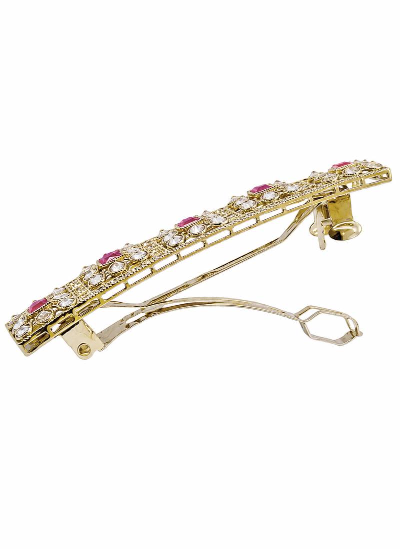 Gorgeous round and square shape ruby kundan antique gold plated hair clip for women and girls