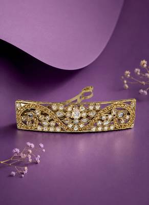 Splendid oval and flower design brown kundan antique gold plated hair clip for women and girls 1
