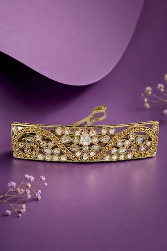 Splendid oval and flower design brown kundan antique gold plated hair clip for women and girls