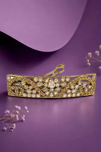 Splendid oval and flower design brown kundan antique gold plated hair clip for women and girls