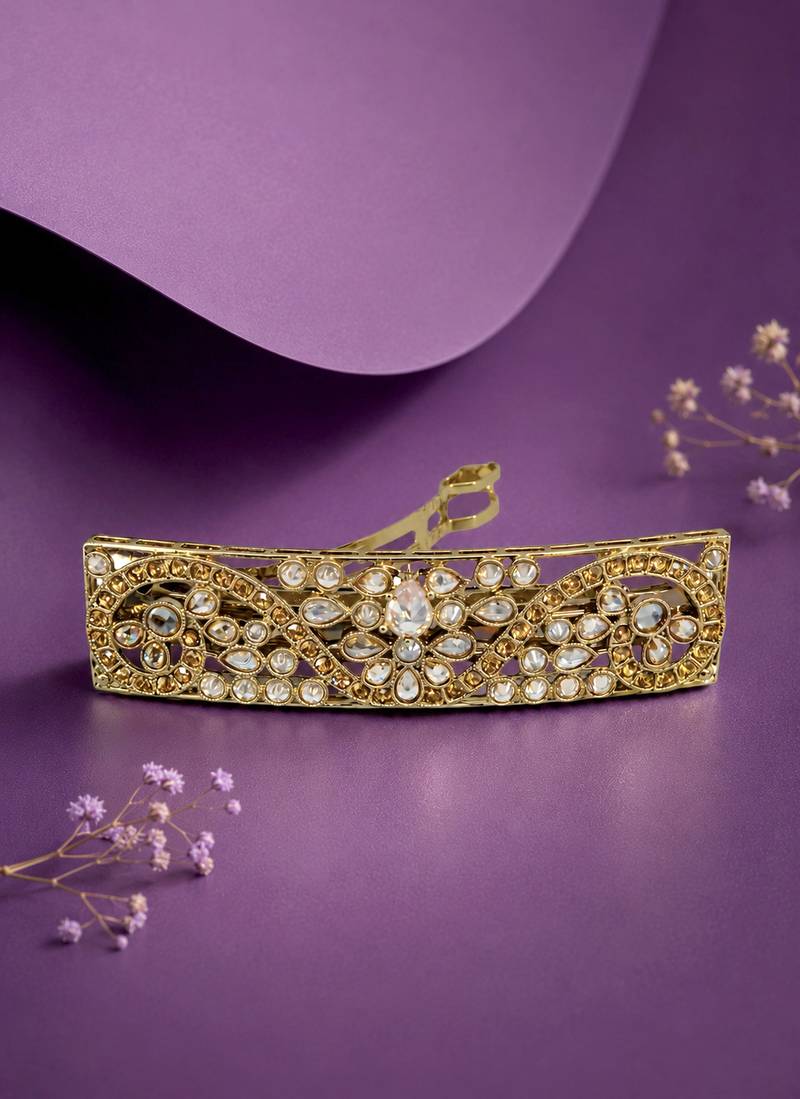 Splendid oval and flower design brown kundan antique gold plated hair clip for women and girls