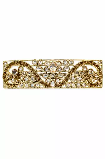 Splendid oval and flower design brown kundan antique gold plated hair clip for women and girls
